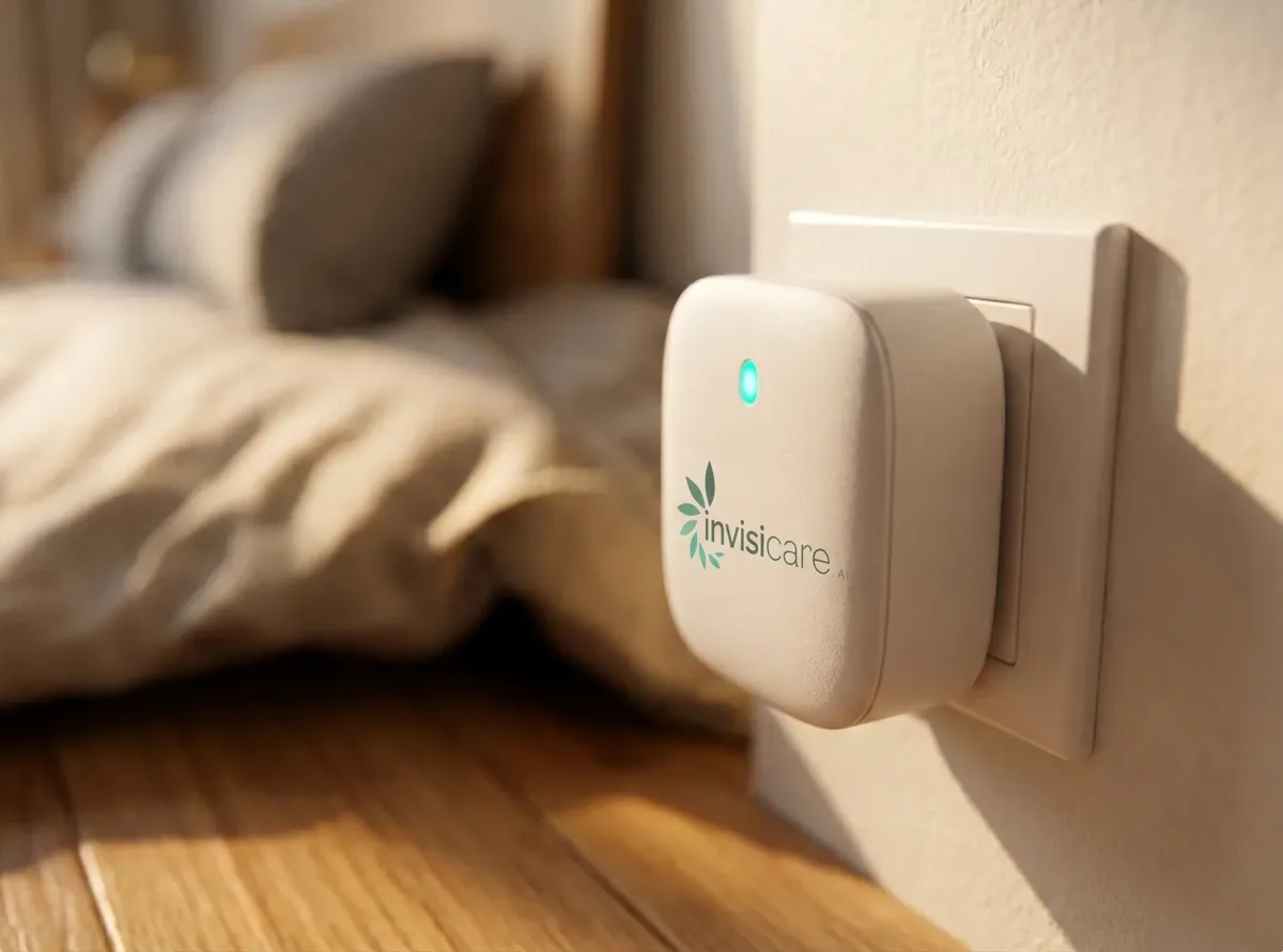 The InvisiCare Smart Hub plugged into a bedroom wall socket, its status light glowing teal