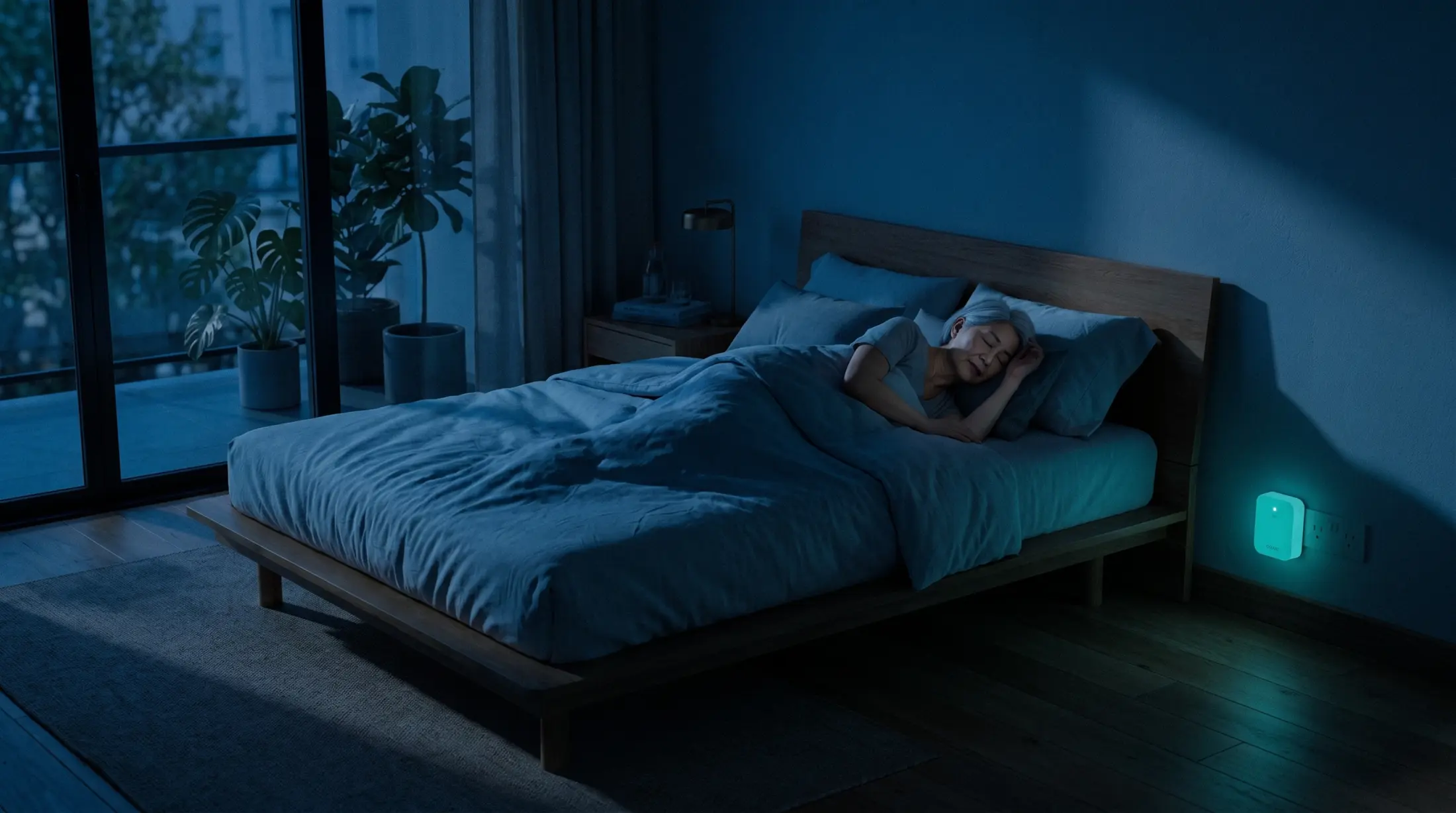 An elderly woman sleeps peacefully at night, the hub glowing softly by the wall